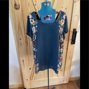 Torrid Floral Print Mixed Fabric Blouse with Cut Out Back